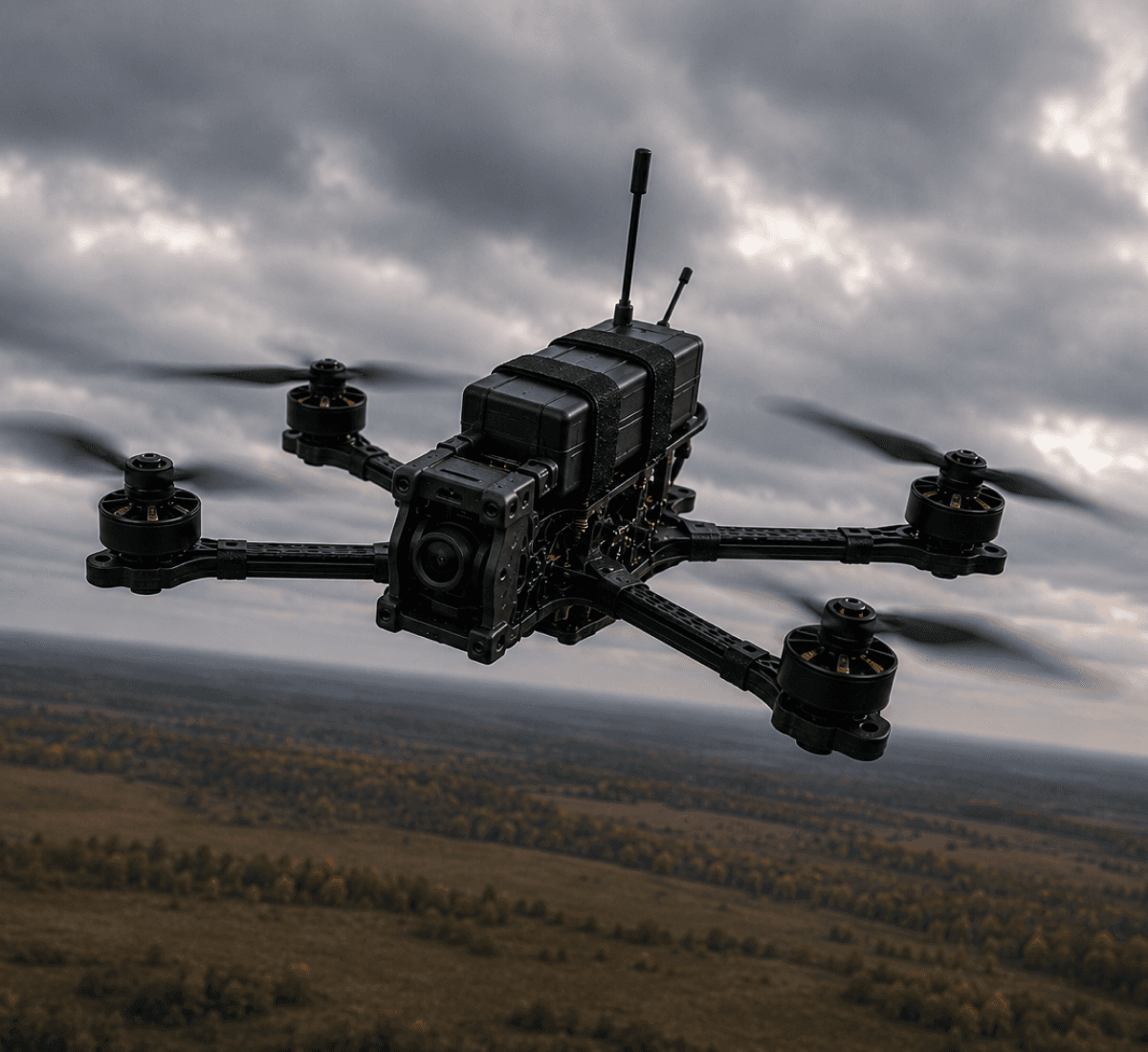 Drone flying in silhouette